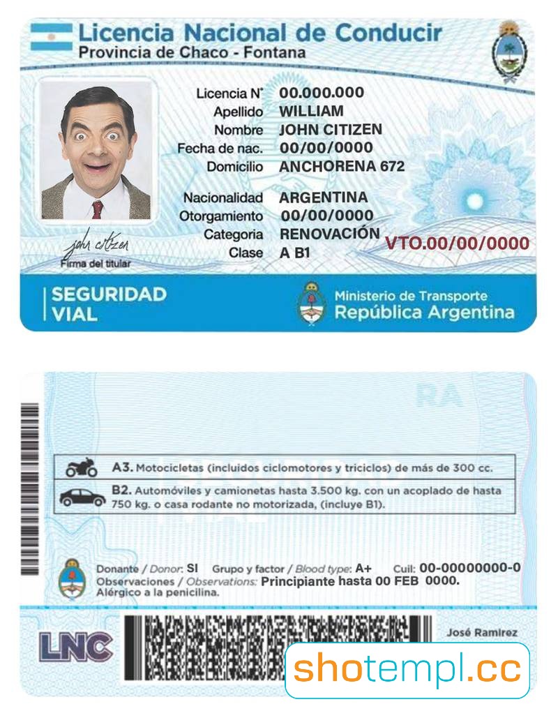 Argentina Driver License PSD Template